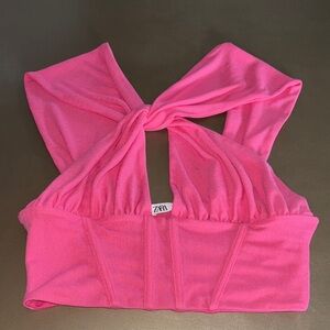 Zara Hot Pink Twist Halter Crop Top